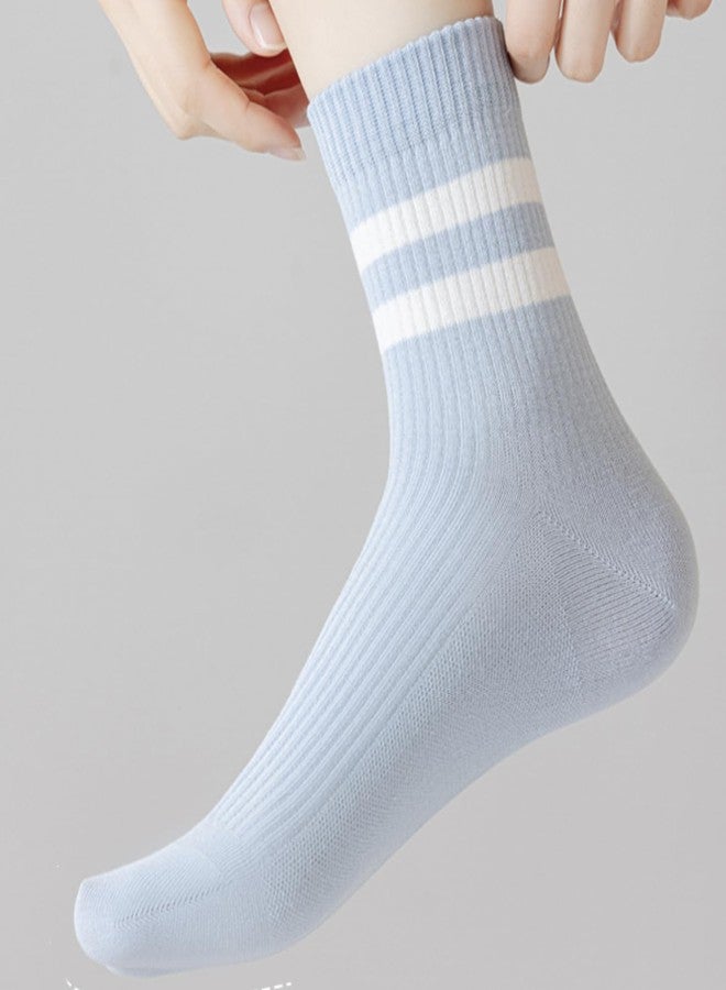 PLZSITDOWN Womens 3 Pairs Solid Color Two Stripe Crew Socks Casual Athletic Socks for Women Girls Blue/Beige/Purple - Image 2